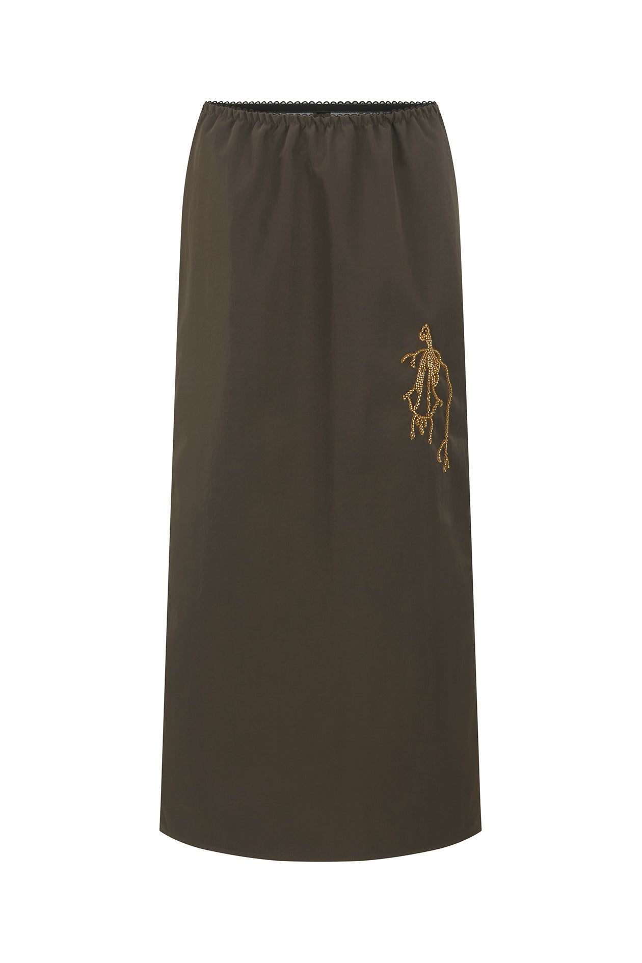 An olive brown skirt with a gold embroidered skeleton figure on the left side, displayed against a solid white background.