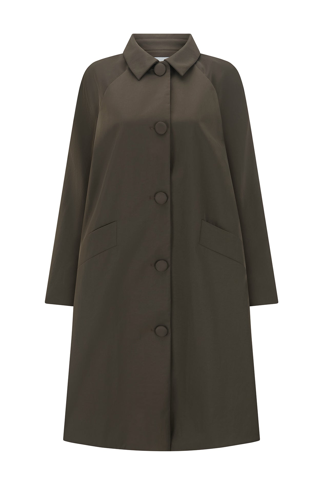 An olive green trench coat with a pointed collar, front button closure, and large front patch pockets, shown on a plain white background.