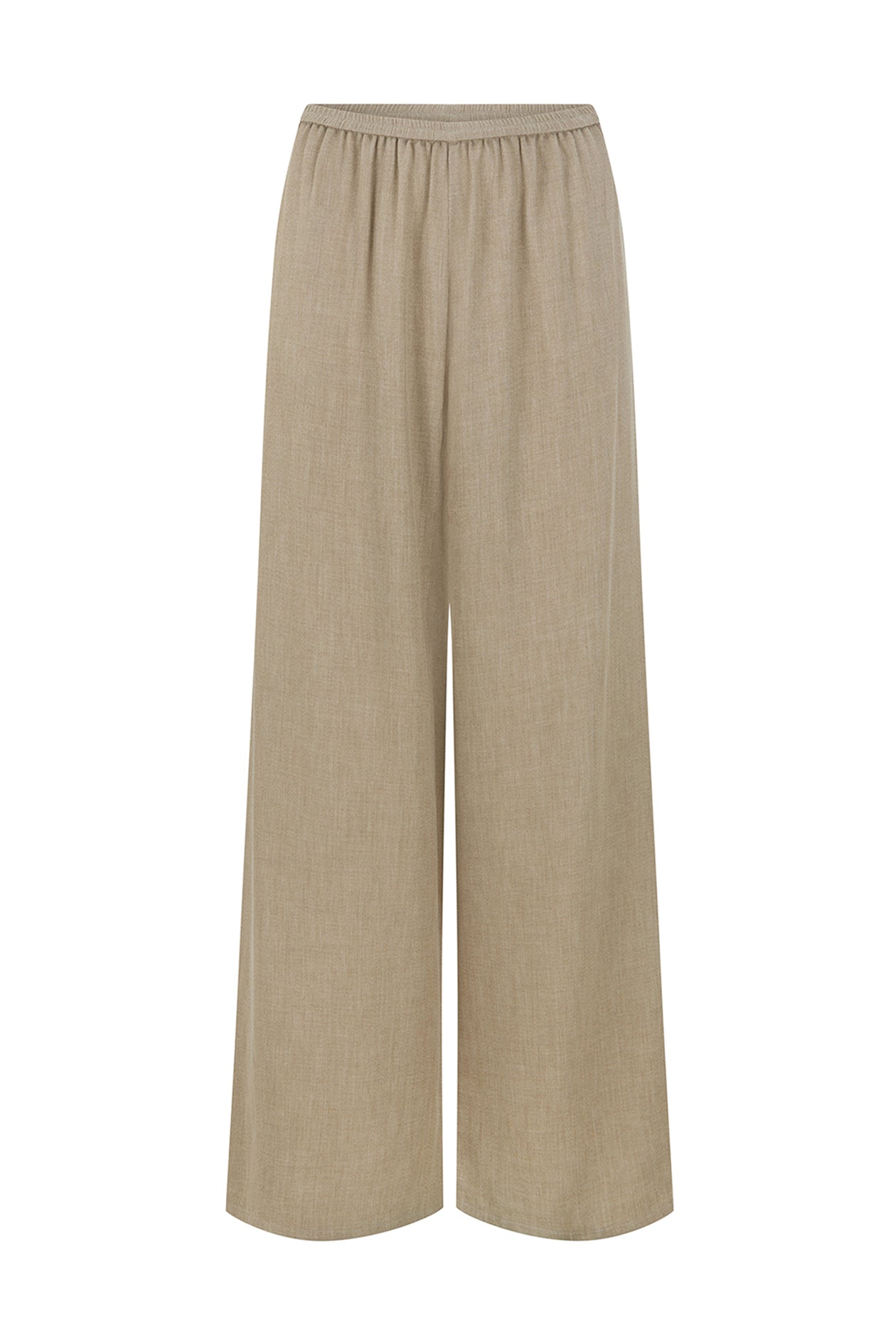 A pair of wide-leg trousers in a light beige linen-like fabric, featuring an elastic waistband, shown against a plain white background.